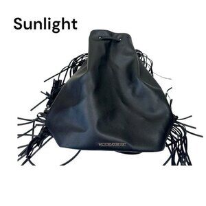 Victoria's Secret Backpack Solid Black Faux Suede Fringed Drawstring Bag Purse